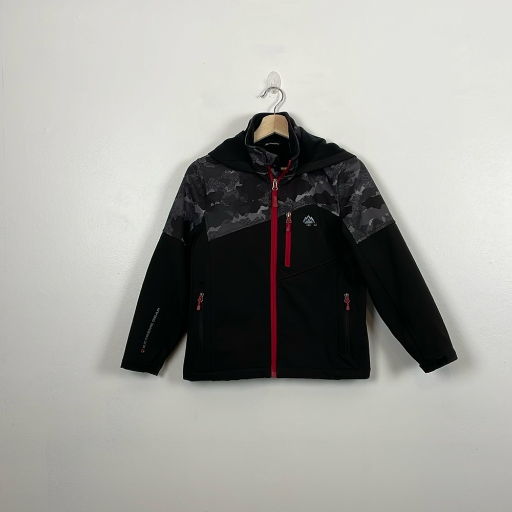 Snozu Softshell Boys Black Jacket Medium (10-12) Camo Full Zip 3 Pocket Full Zip